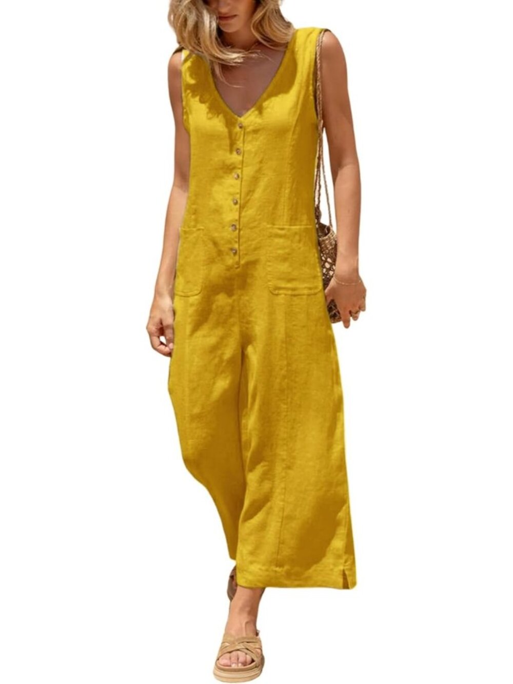 Women's Yellow Cotton Linen Sleeveless Casual Wide Leg Button Down Romper